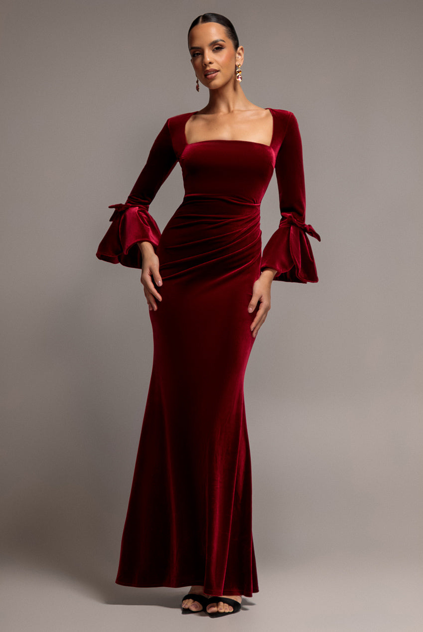 Goddiva Petal Bow Sleeve Frill Velvet Maxi Dress - Wine