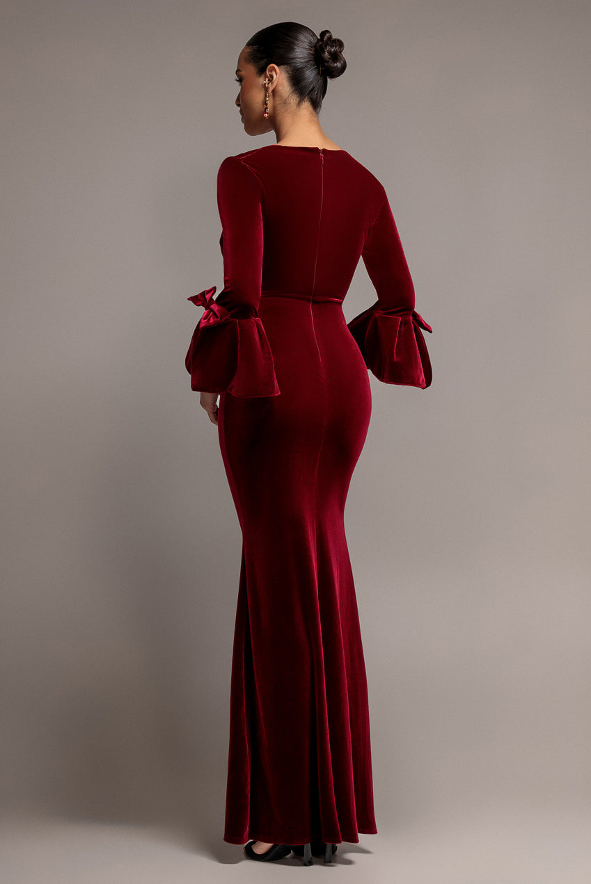 Goddiva Petal Bow Sleeve Frill Velvet Maxi Dress - Wine