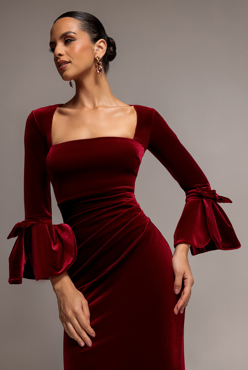 Goddiva Petal Bow Sleeve Frill Velvet Maxi Dress - Wine