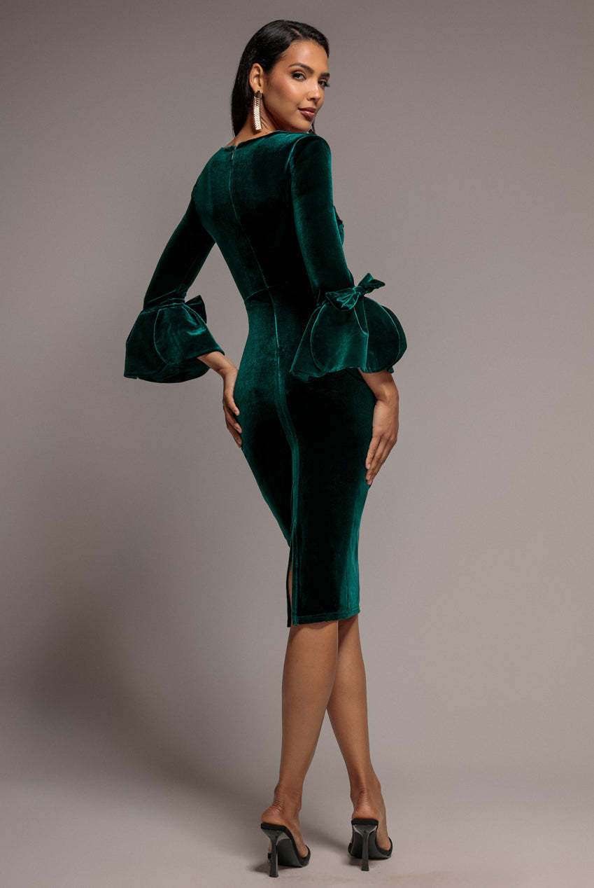 Goddiva Petal Bow Sleeve Frill Velvet Midi Dress - Emerald Green