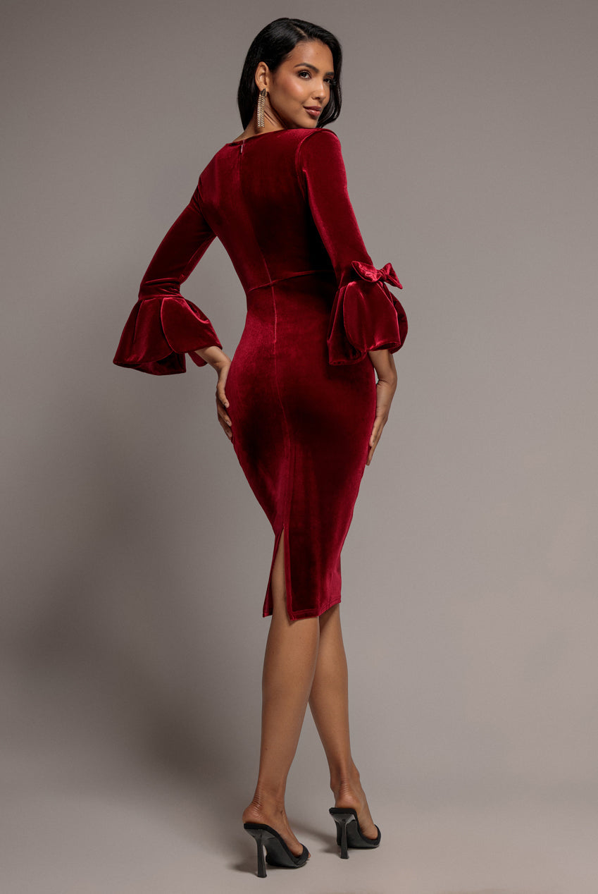 Goddiva Petal Bow Sleeve Frill Velvet Midi Dress - Wine