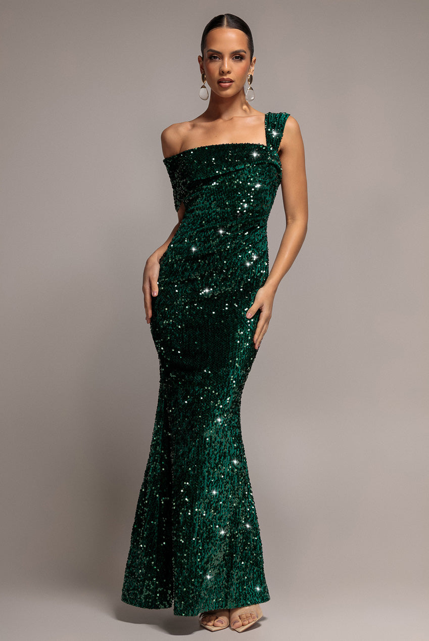 Goddiva Asymmetric Off Shoulder Pleated Waist Maxi Dress - Emerald Green
