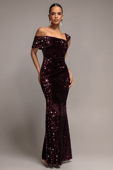Goddiva Asymmetric Off Shoulder Pleated Waist Maxi Dress - Plum