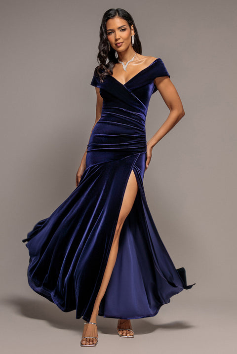 Goddiva Velvet Off Shoulder Pleated A Line Maxi Dress - Indigo