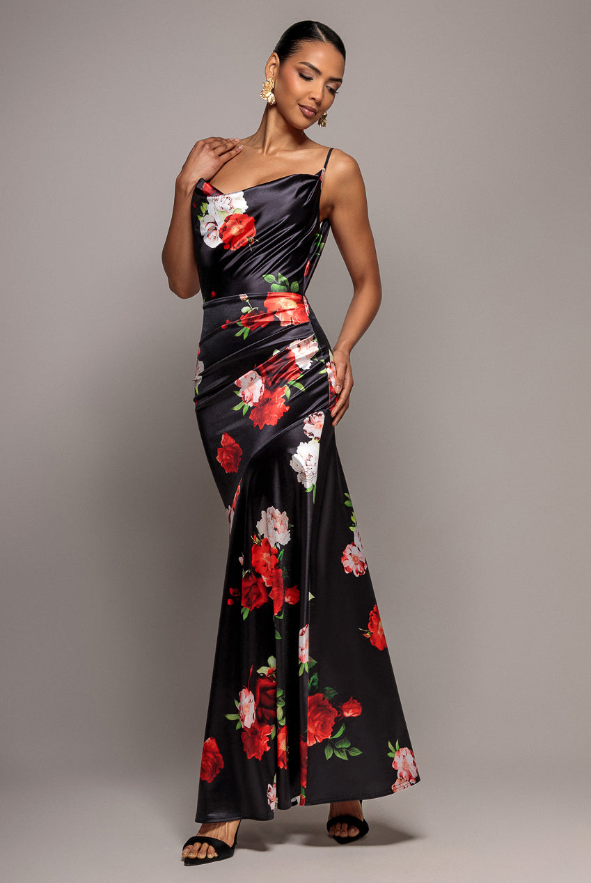 Goddiva Floral Print Satin Cowl Neck Maxi Dress - Black