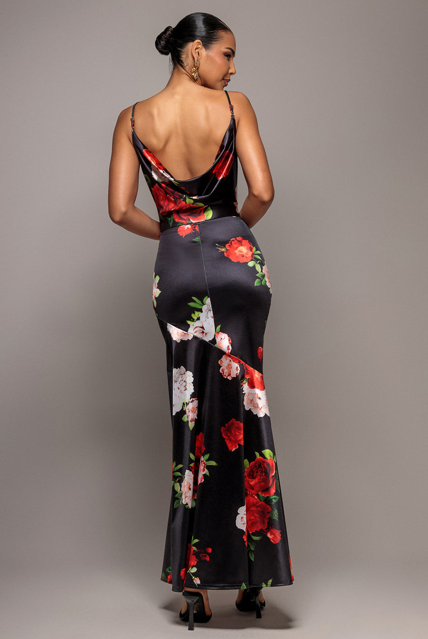 Goddiva Floral Print Satin Cowl Neck Maxi Dress - Black