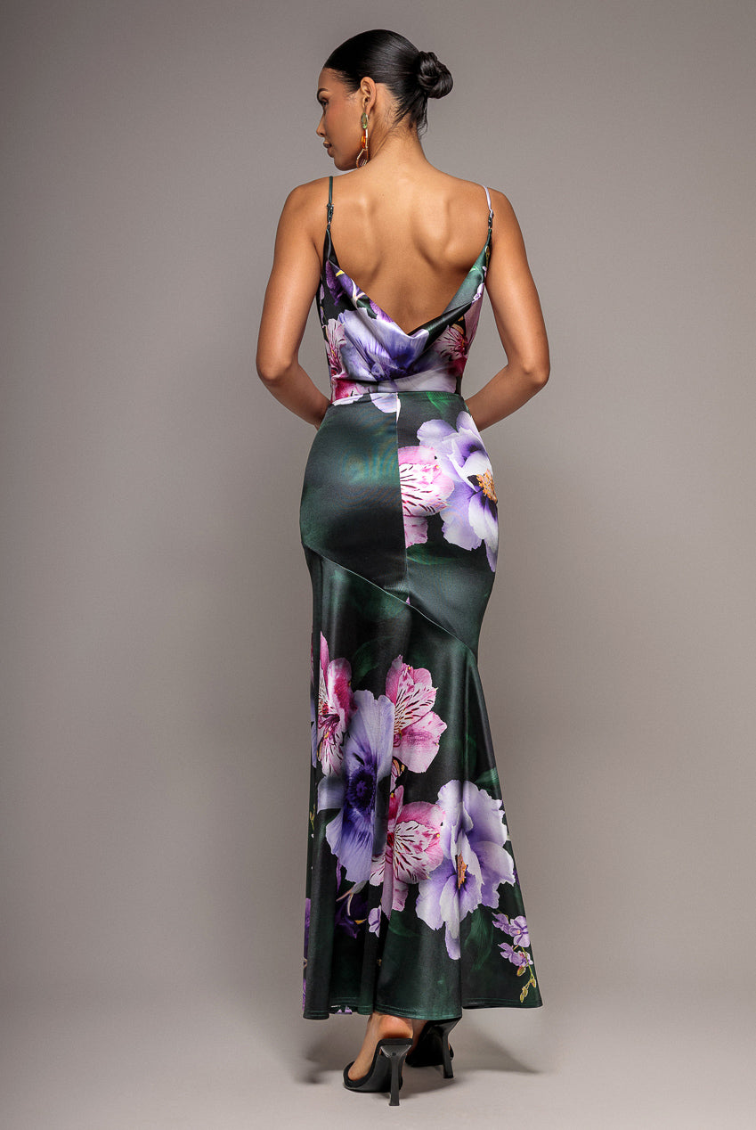 Goddiva Floral Print Satin Cowl Neck Maxi Dress - Emerald Green