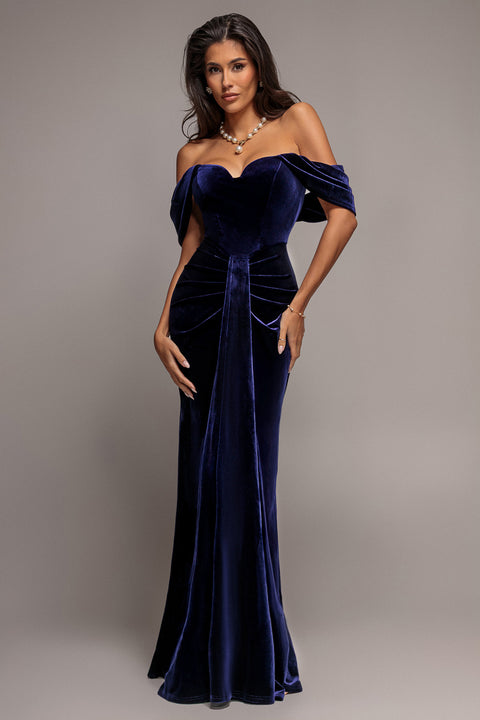 Goddiva Off Shoulder Bardot Draped Velvet Maxi Dress - Indigo