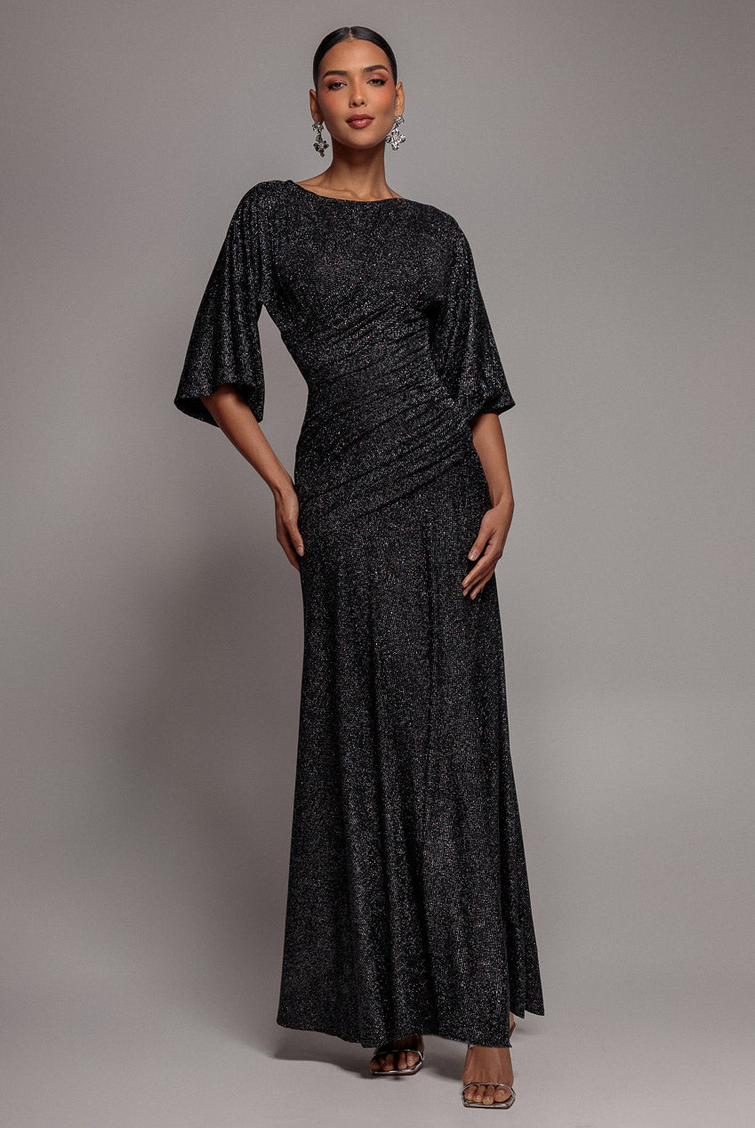 Goddiva Lurex Kimono Sleeve Gathered Waist Maxi Dress - Black