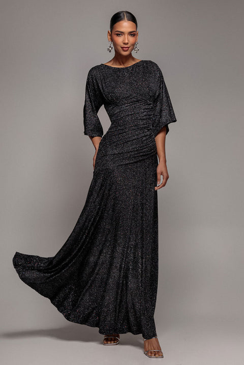 Goddiva Lurex Kimono Sleeve Gathered Waist Maxi Dress - Black