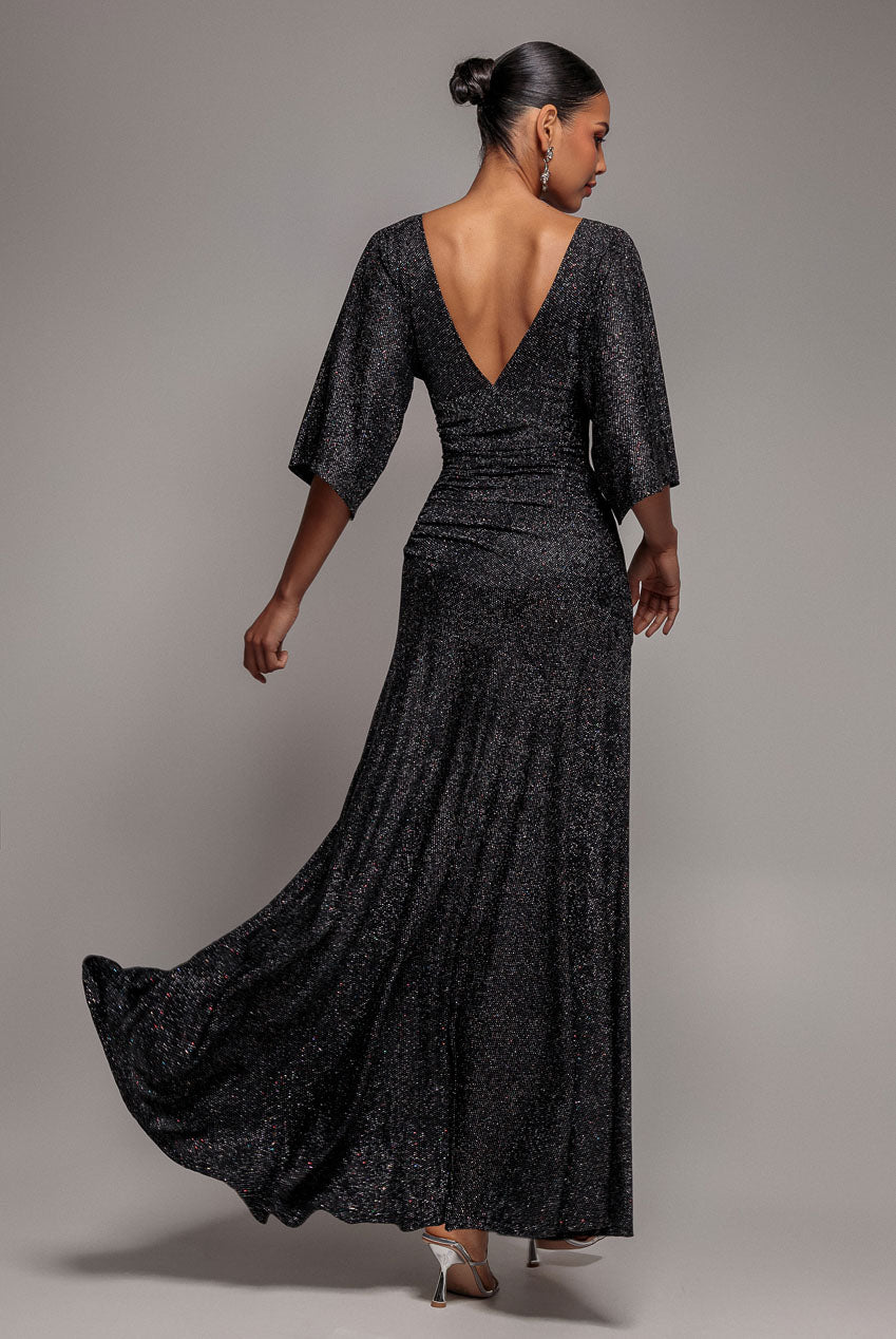 Goddiva Lurex Kimono Sleeve Gathered Waist Maxi Dress - Black