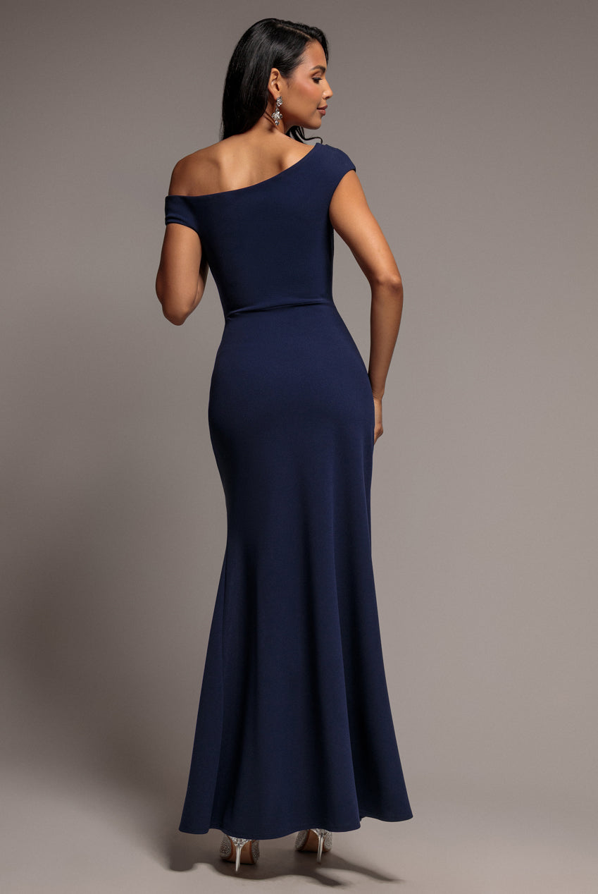 Goddiva Asymmetric One Shoulder Front Split Scuba Crepe Maxi Dress - Navy Blue