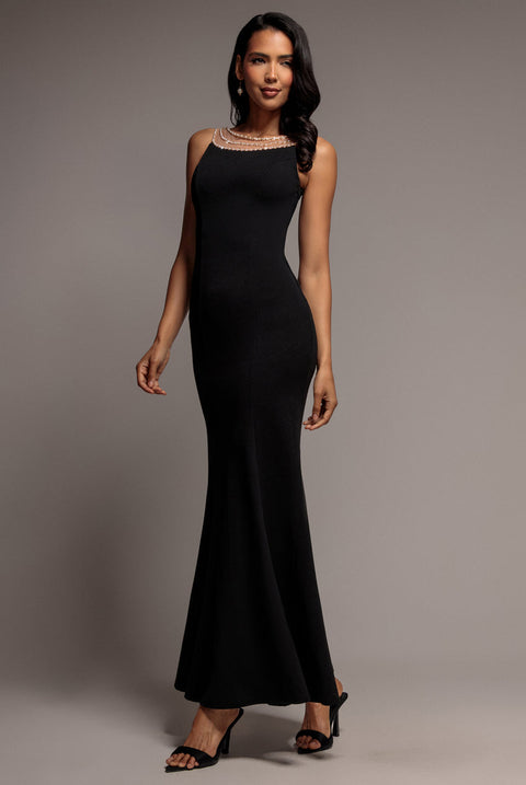 Goddiva Diamante Pearl Neck Scuba Crepe Sleeveless Maxi Dress - Black