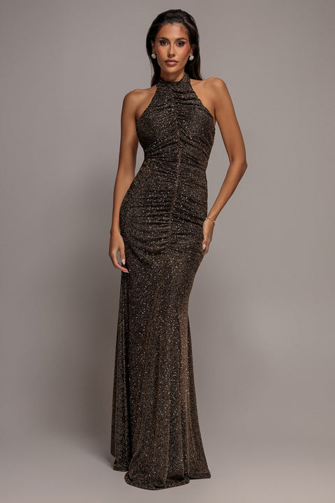 Goddiva Halter Neck Front Gathered Backless Glitter Maxi Dress - Gold
