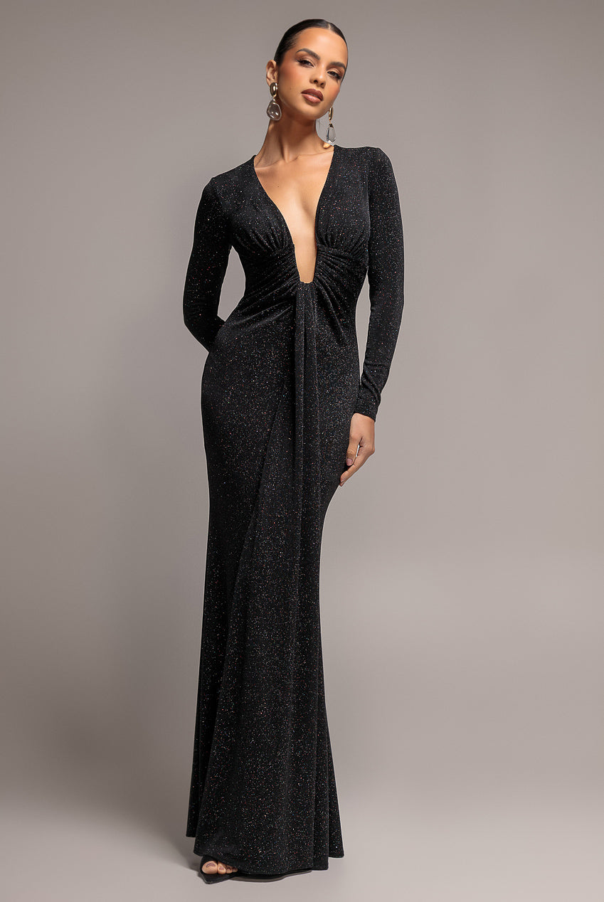 Goddiva Plunge Neck Long Sleeve Front Draped Lurex Maxi Dress - Black