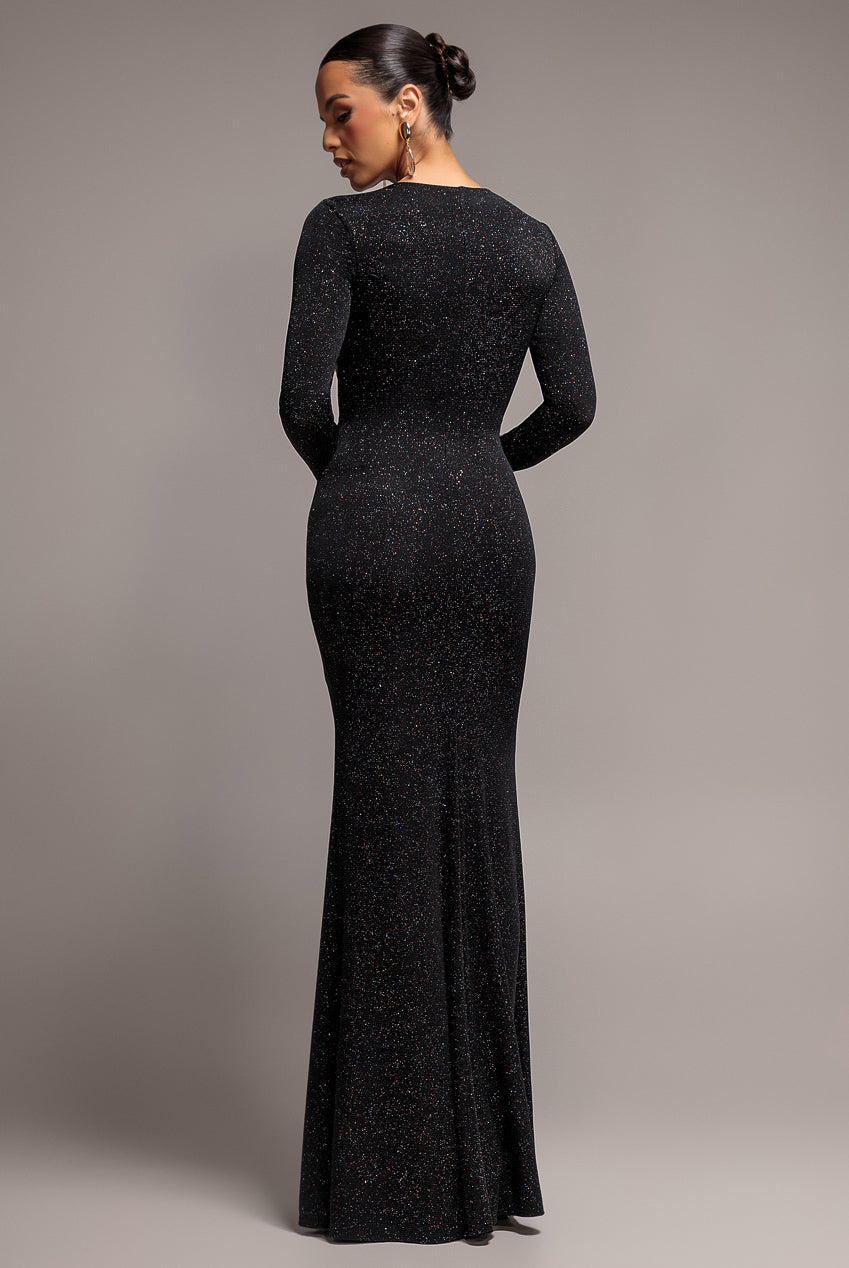 Goddiva Plunge Neck Long Sleeve Front Draped Lurex Maxi Dress - Black