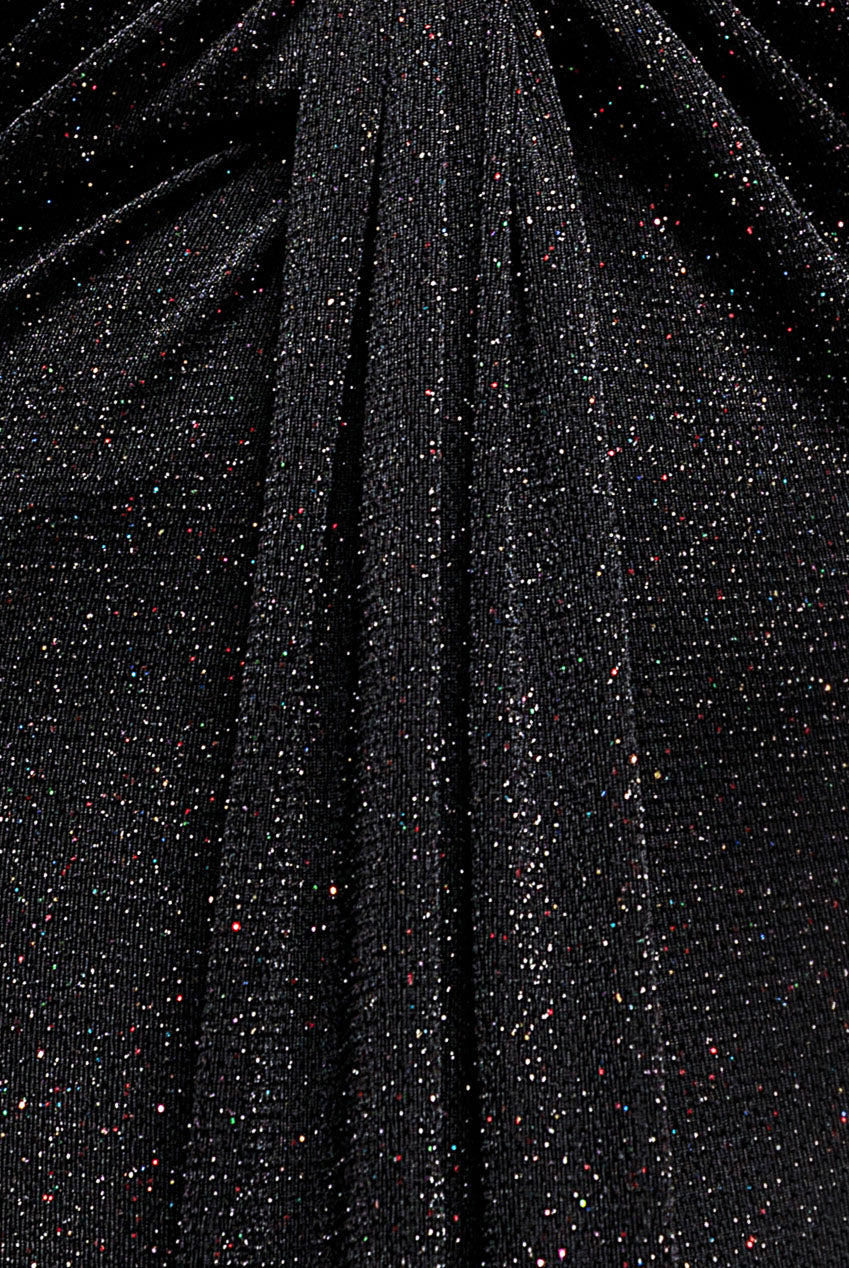 Goddiva Plunge Neck Long Sleeve Front Draped Lurex Maxi Dress - Black