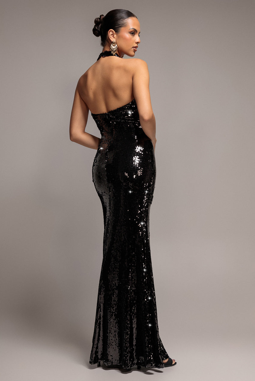Goddiva Sequin Open Back Halter Neck Maxi Dress - Black