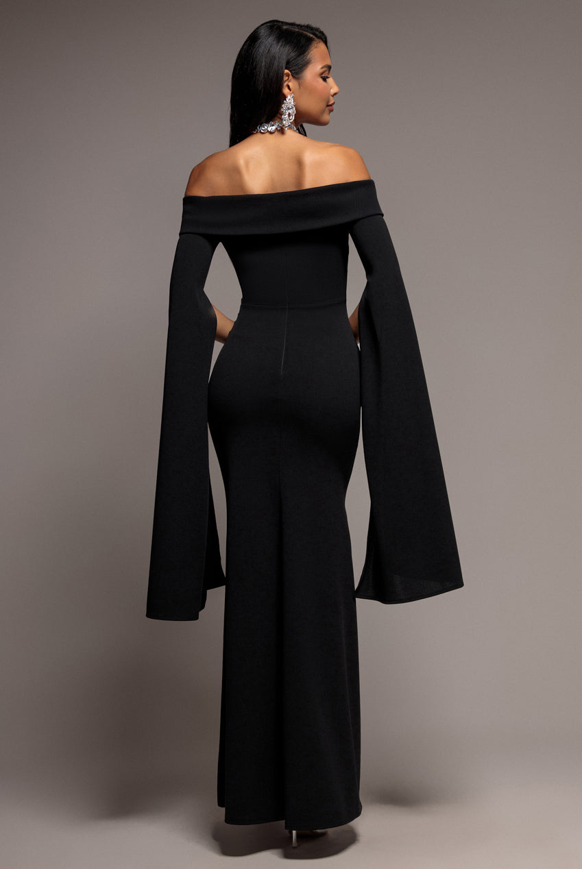 Goddiva Off Shoulder Bardot Maxi Dress With Split Cape Sleeves - Black