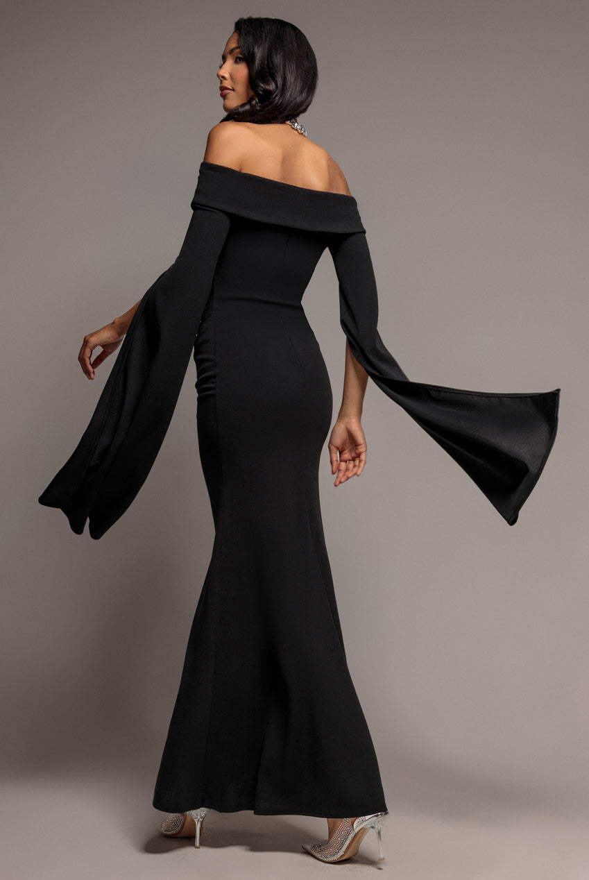 Goddiva Off Shoulder Bardot Maxi Dress With Split Cape Sleeves - Black