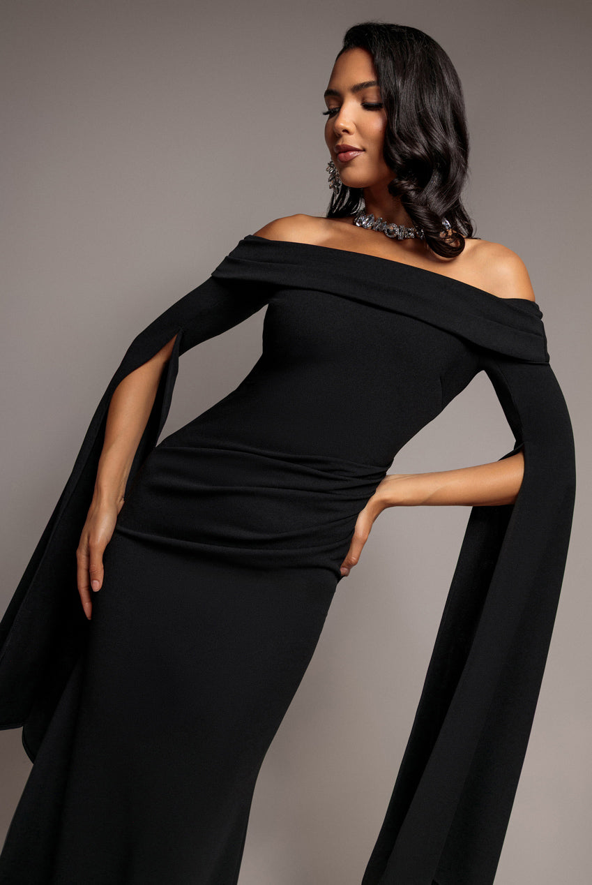 Goddiva Off Shoulder Bardot Maxi Dress With Split Cape Sleeves - Black