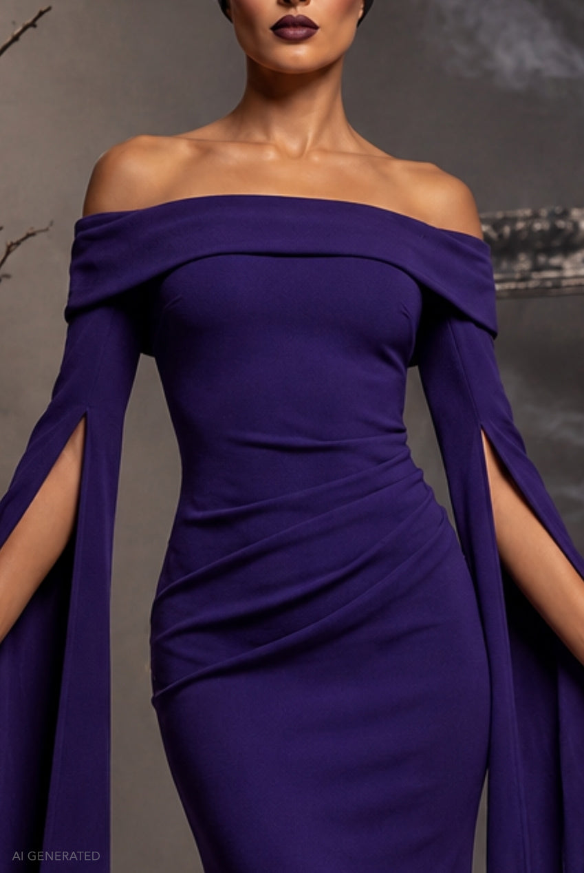 Goddiva Long Cape Sleeve Maxi Maleficent-Inspired Halloween Costume - Deep Purple