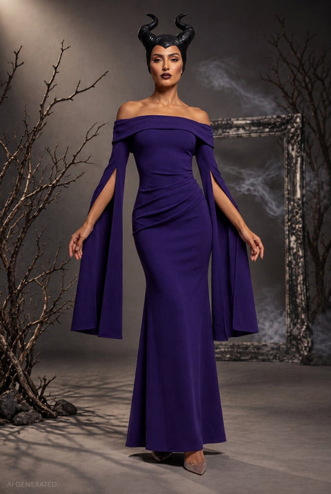Goddiva Long Cape Sleeve Maxi Maleficent-Inspired Halloween Costume - Deep Purple
