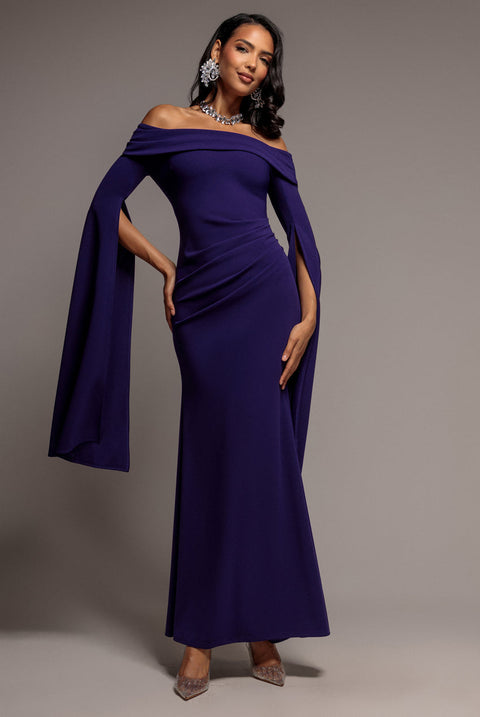 Goddiva Off Shoulder Bardot Maxi Dress With Split Cape Sleeves - Deep Purple