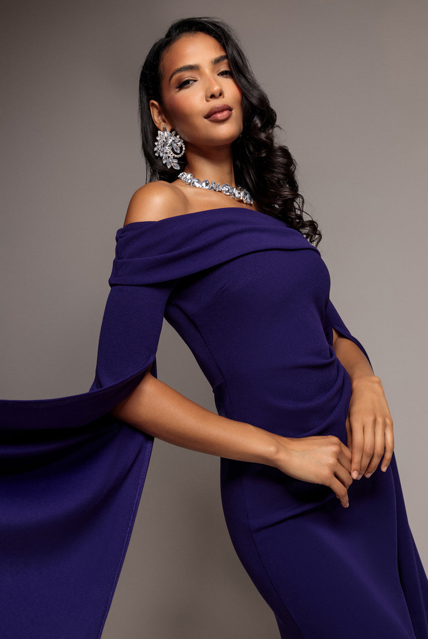 Goddiva Off Shoulder Bardot Maxi Dress With Split Cape Sleeves - Deep Purple