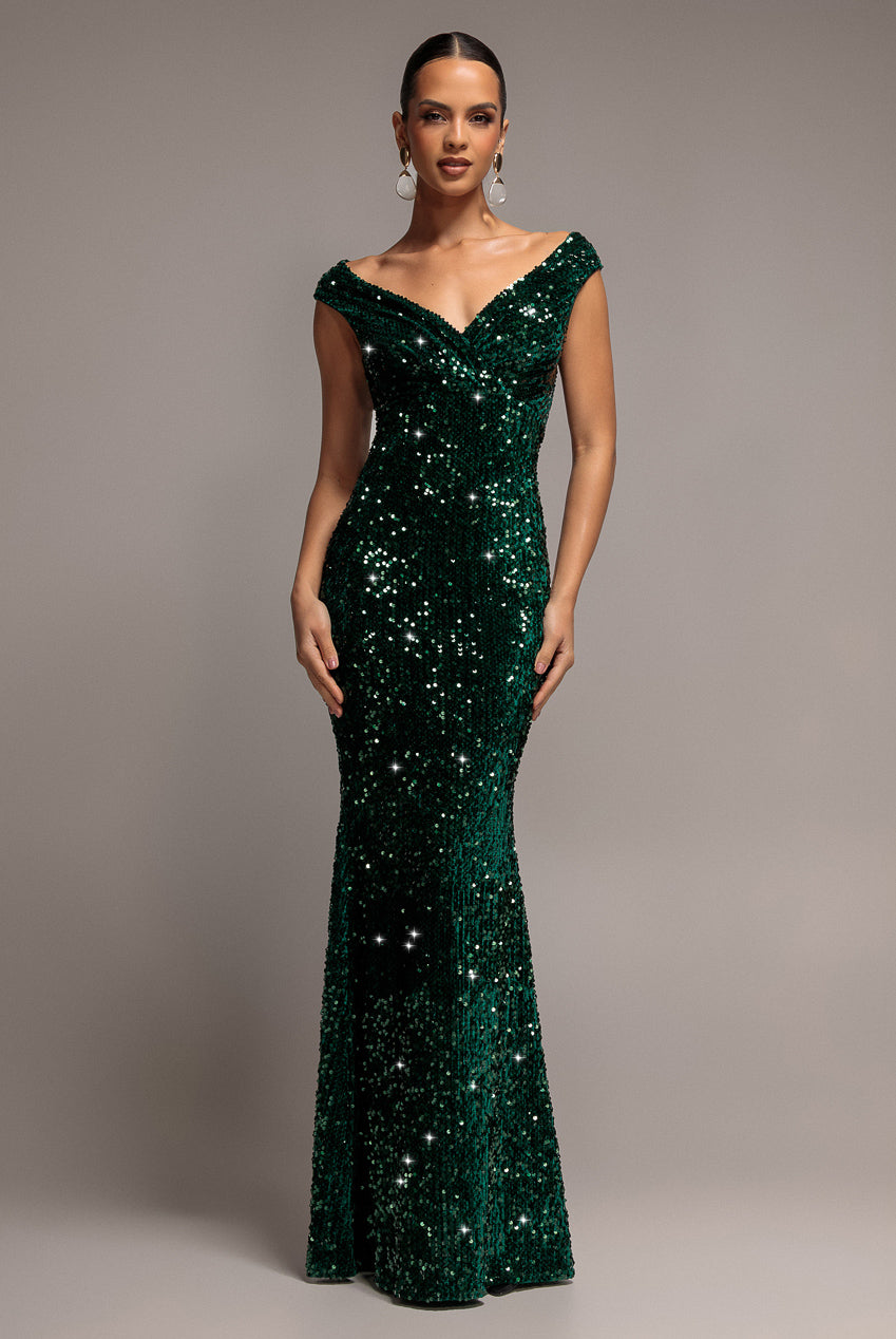 Goddiva Sequin & Velvet Off The Shoulder Wrap Maxi Dress - Emerald Green