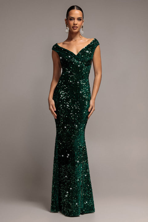 Goddiva Sequin & Velvet Off The Shoulder Wrap Maxi Dress - Emerald Green