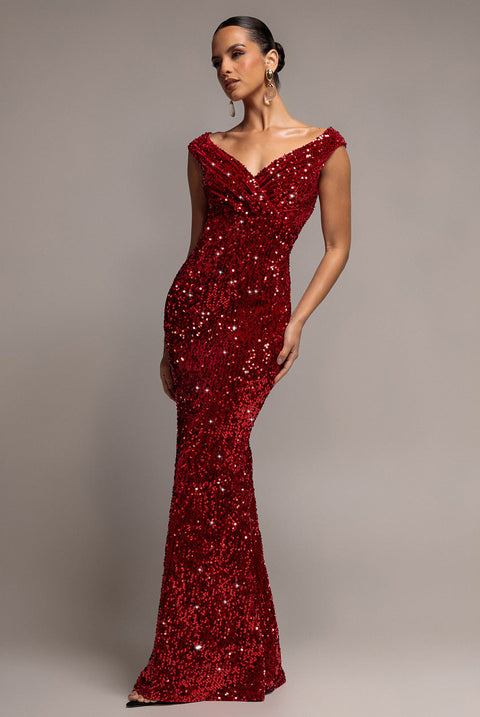 Goddiva Sequin & Velvet Off The Shoulder Wrap Maxi Dress - Red