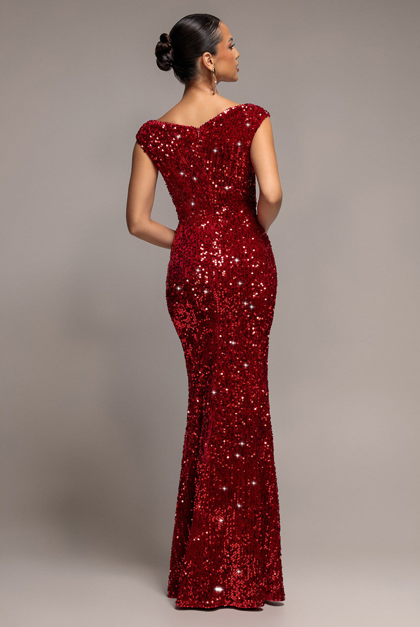 Goddiva Sequin & Velvet Off The Shoulder Wrap Maxi Dress - Red
