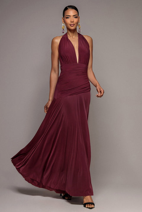 Goddiva Halter Neck Empire Waist Gathered Maxi Dress - Burgundy