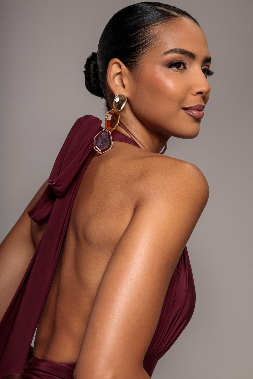 Goddiva Halter Neck Empire Waist Gathered Maxi Dress - Burgundy