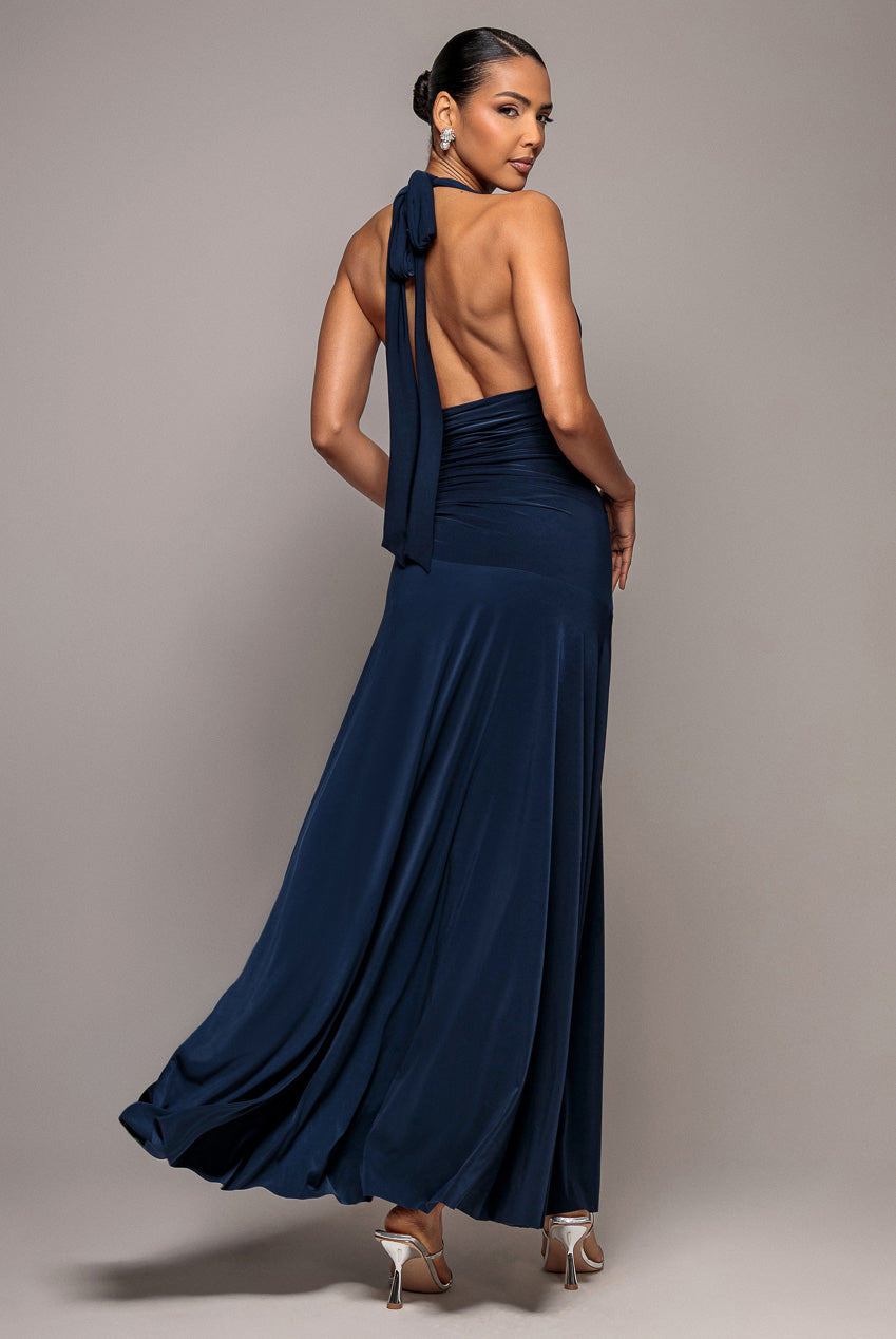 Goddiva Halter Neck Empire Waist Gathered Maxi Dress - Navy Blue