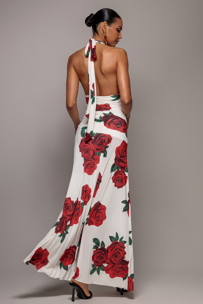 Goddiva Floral Halter Neck Empire Waist Gathered Maxi Dress - Rose Print