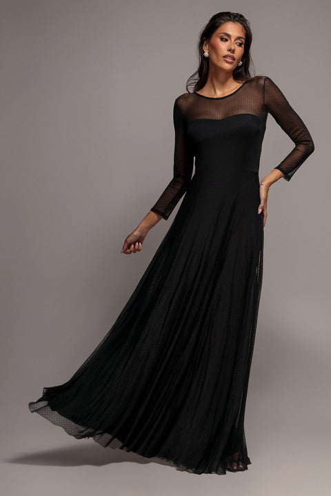 Goddiva Sheer Sleeve Dobby Mesh Sweetheart A Line Maxi Dress - Black