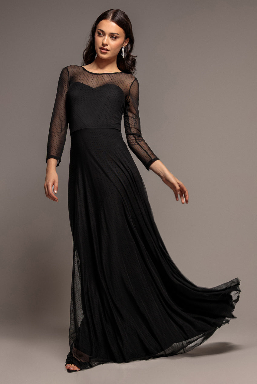 Goddiva Sheer Sleeve Dobby Mesh Sweetheart A Line Maxi Dress - Black