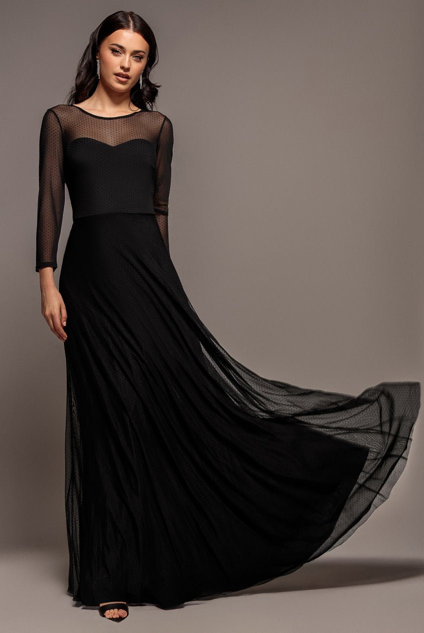 Goddiva Sheer Sleeve Dobby Mesh Sweetheart A Line Maxi Dress - Black