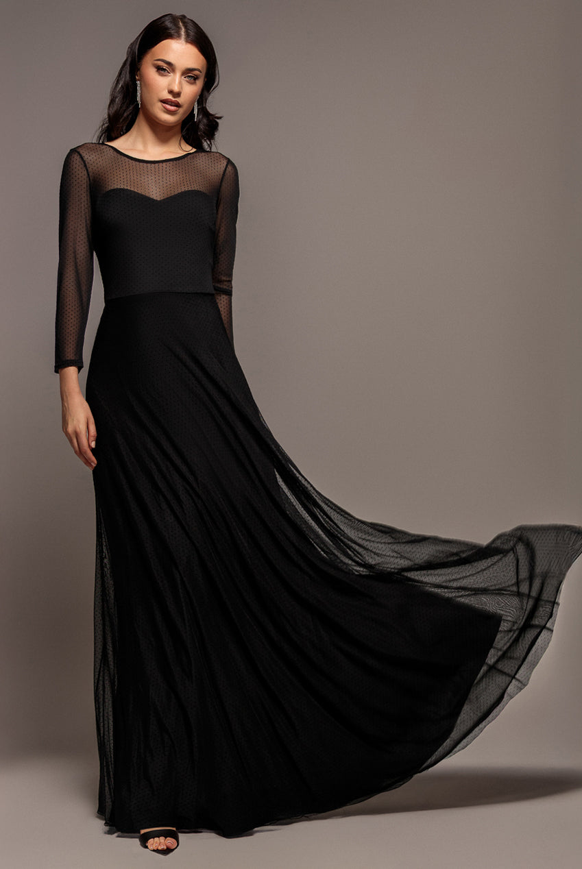 Goddiva Sheer Sleeve Dobby Mesh Sweetheart A Line Maxi Dress - Black