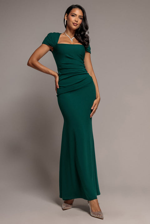 Goddiva Pleated Asymmetric Bodice Mermaid Maxi Dress - Emerald Green