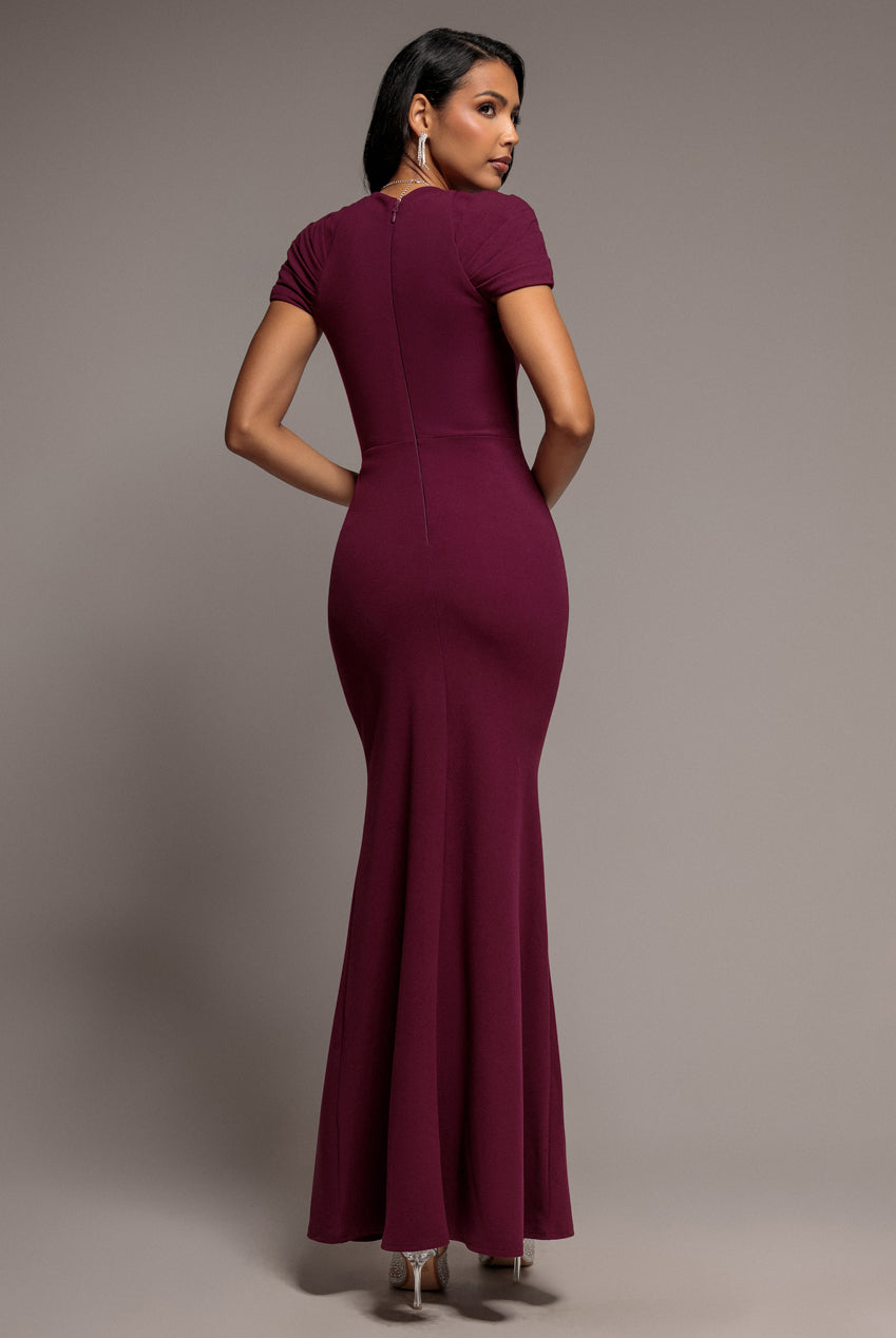 Goddiva Pleated Asymmetric Bodice Mermaid Maxi Dress - Plum