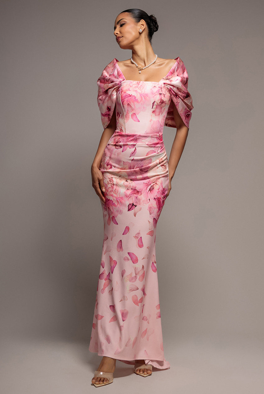 Goddiva Printed Off Shoulder Satin Bow Back Maxi Dress - Blush Pink