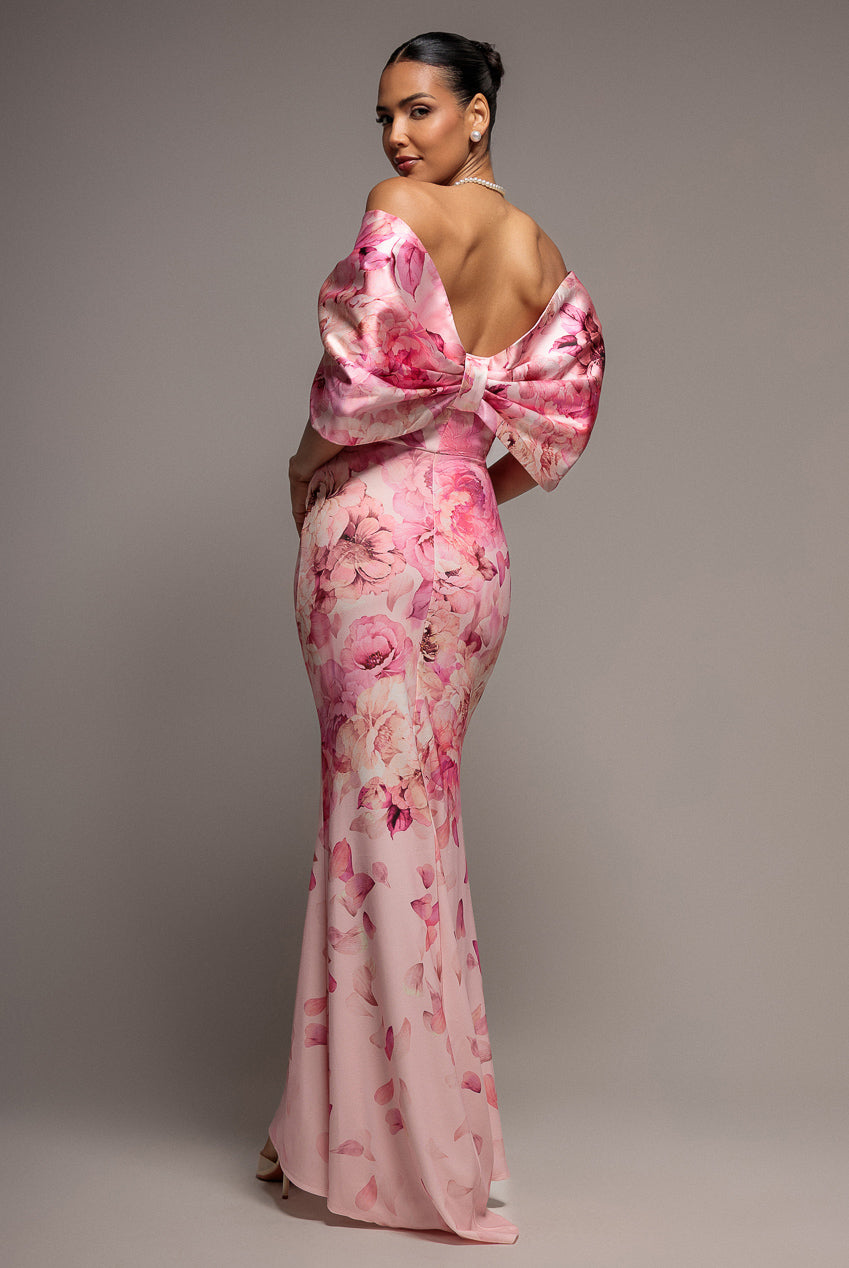 Goddiva Printed Off Shoulder Satin Bow Back Maxi Dress - Blush Pink