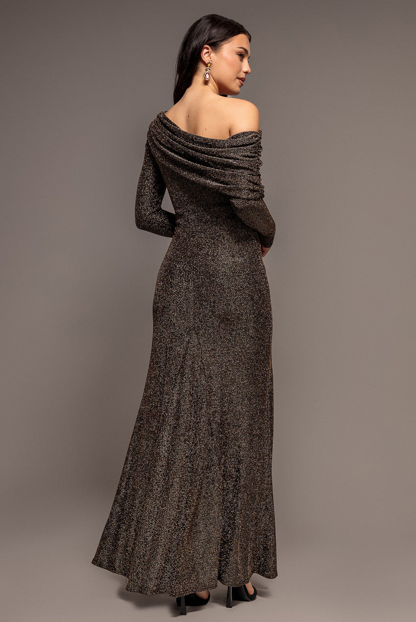 Goddiva Off Shoulder Gathered Bardot Asymmetric Lurex Maxi Dress - Gold