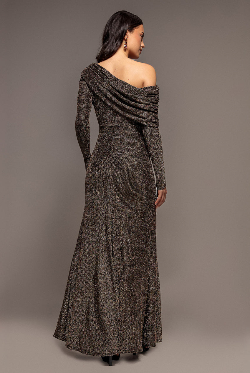 Goddiva Off Shoulder Gathered Bardot Asymmetric Lurex Maxi Dress - Gold