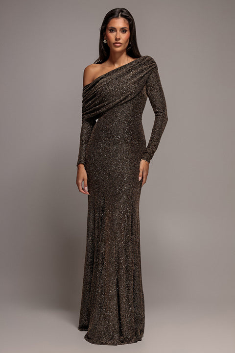 Goddiva Off Shoulder Gathered Bardot Asymmetric Lurex Maxi Dress - Gold