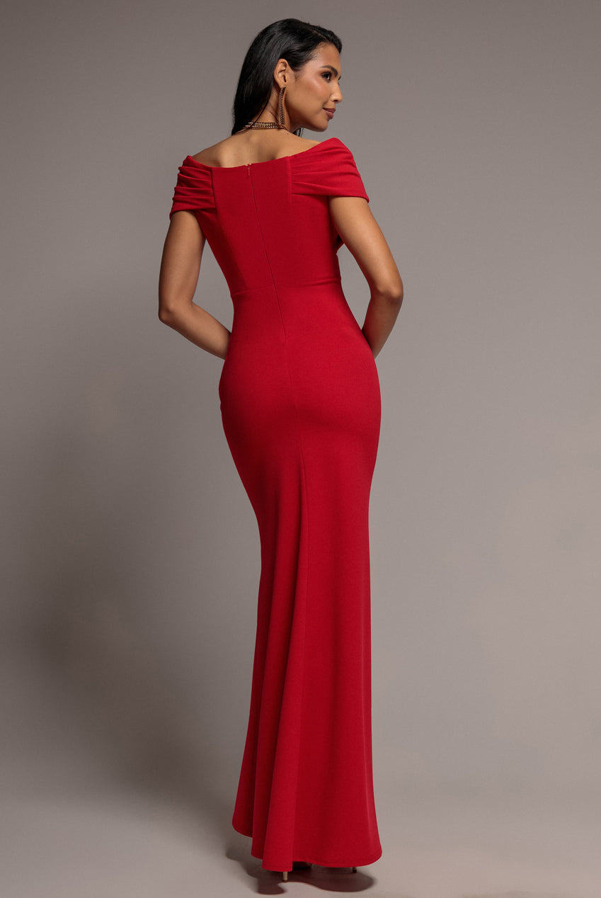 Goddiva Pleated Bardot Wrap Mermaid Maxi Dress - Red