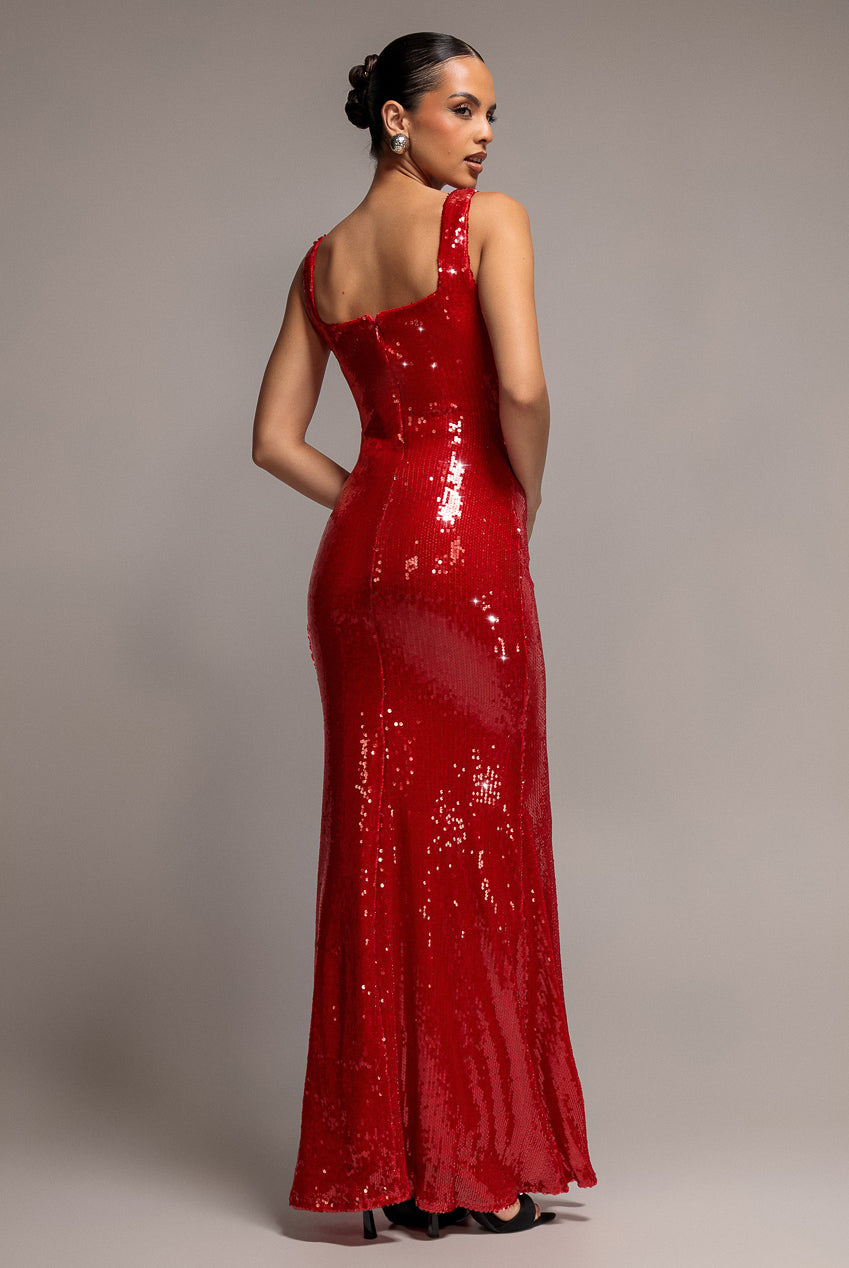 Goddiva Sleeveless Square Neck Sequin Mermaid Maxi Dress - Red